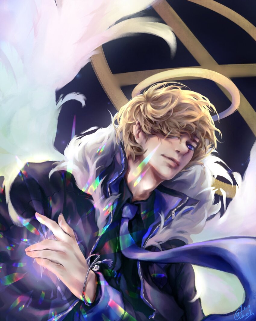 1boy, 1sabe1x, blonde_hair, blue_coat, blue_eyes, blue_necktie, chase_(i'm_the_grim_reaper), coat