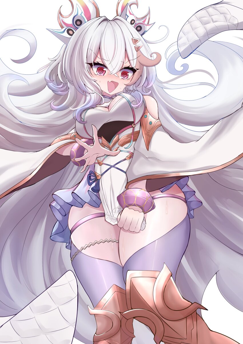 @_@, absurdres, baki_(duel_masters), blush, breasts, cleavage, dress, duel_masters, embarrassed, fang, from_below, grey_hair, hair_between_eyes, hair_ornament, highres, long_hair, looking_down, multicolored_hair, open_mouth, pantyhose, pink_hair, purple_eyes, royo21294110, simple_background, sweatdrop, very_long_hair, white_background, wide_sleeves