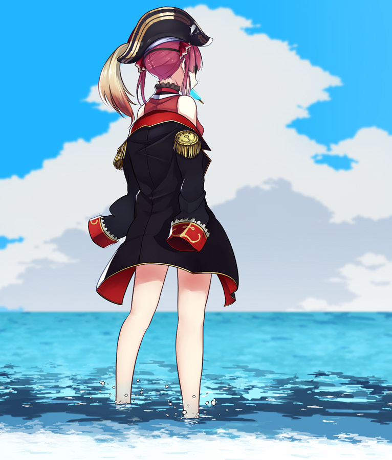 1girl, ascot, black_choker, black_coat, black_hat, blue_sky, choker, cloud