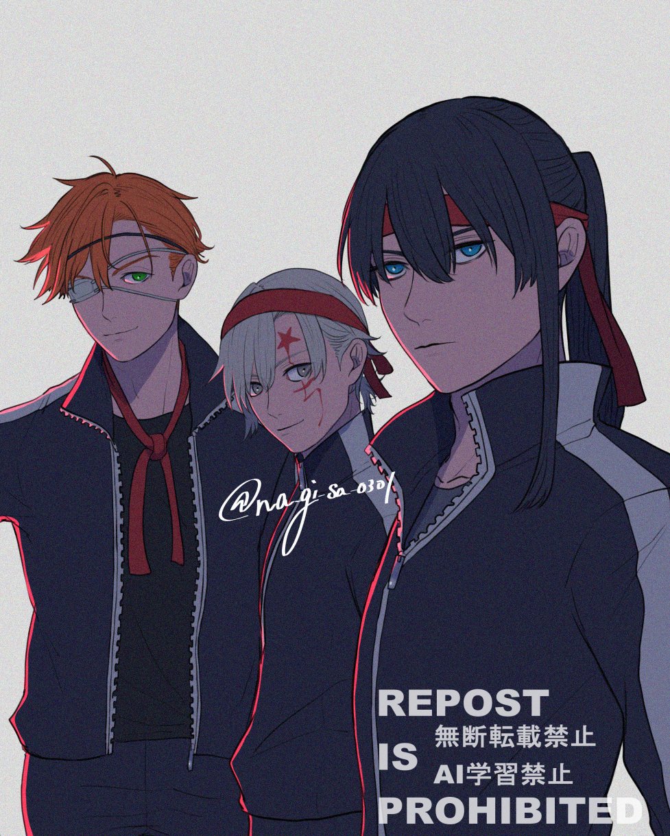 3boys, ahoge, allen_walker, asymmetrical_hair, black_shirt, blue_eyes, blue_hair, blue_jacket