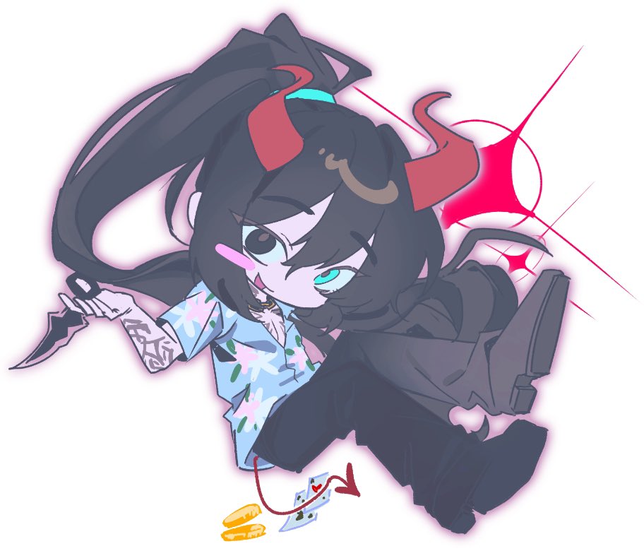 1boy, :d, black_eyes, black_hair, blue_eyes, blush, card, chest_tattoo