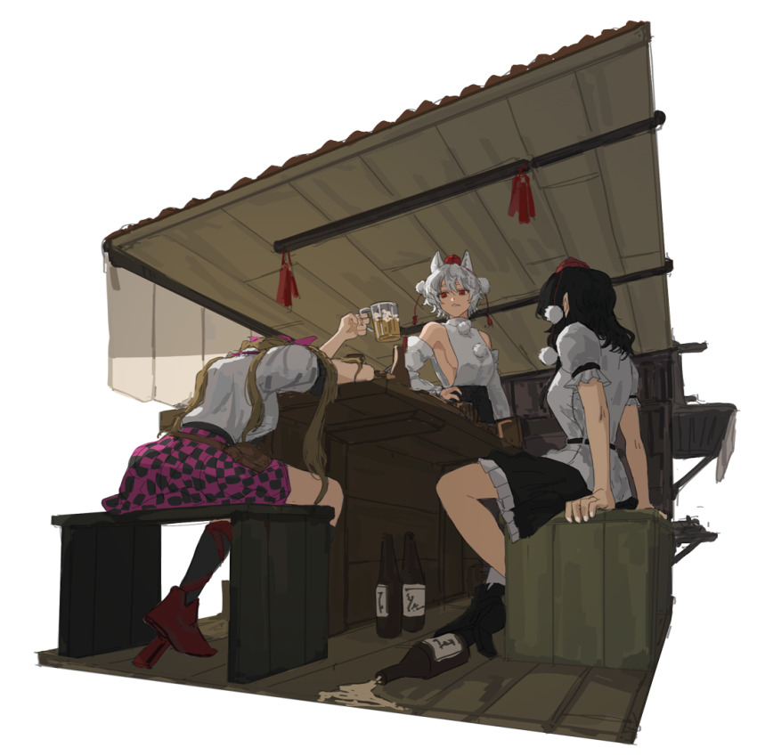 1010kman, 3girls, alcohol, back, beer, beer_bottle, beer_glass, black_hair