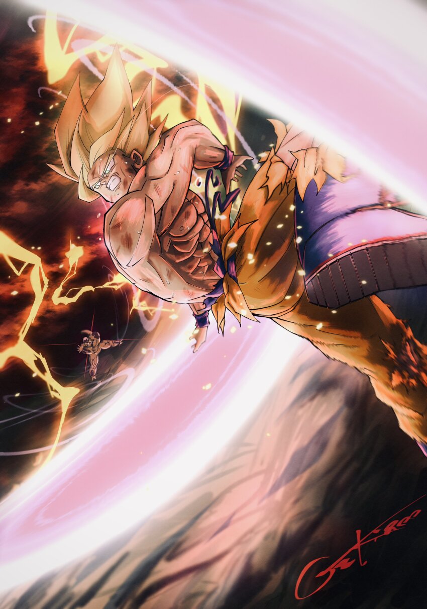 2boys, abs, absurdres, blonde_hair, blue_boots, boots, clenched_teeth, colored_skin