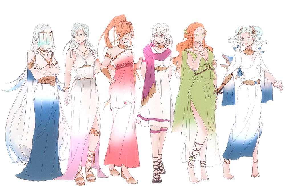 6+girls, ancient_greek_clothes, ankle_lace-up, azeyma, bare_shoulders, barefoot, blue_dress, blue_eyes