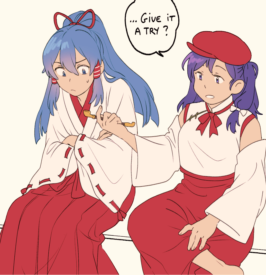 2girls, bare_shoulders, barefoot, blue_eyes, blue_hair, commentary, crossed_arms, crossed_legs