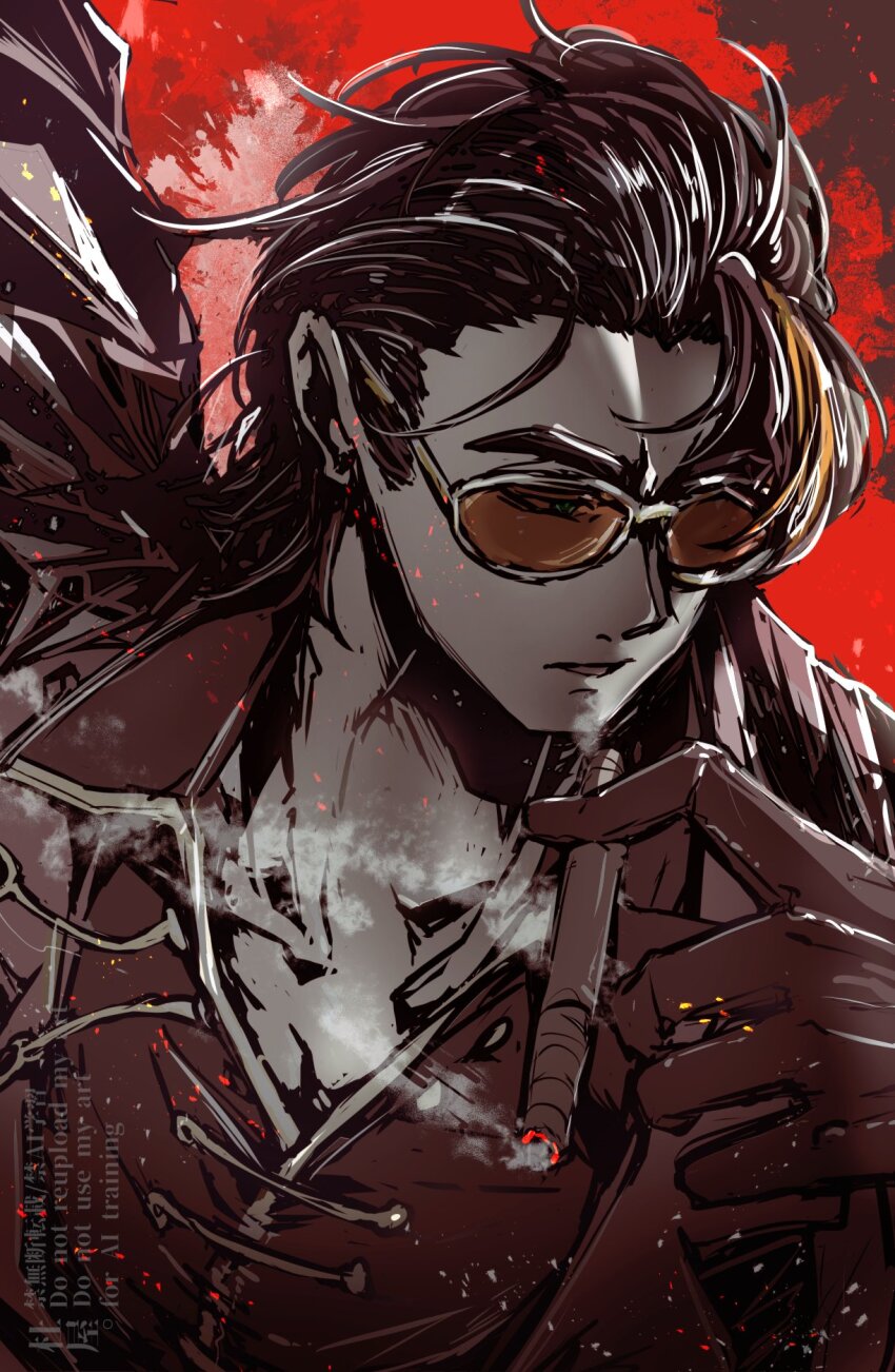 1boy, black_hair, brown_gloves, cigar, commentary_request, embers, gloves, green_eyes, highres, holding, holding_cigar, limbus_company, male_focus, medium_hair, meursault_(project_moon), mry_46, multicolored_hair, parted_lips, portrait, project_moon, red_background, simple_background, smoke, smoking, solo, streaked_hair, sunglasses, thumb_(identity)_(project_moon), upper_body