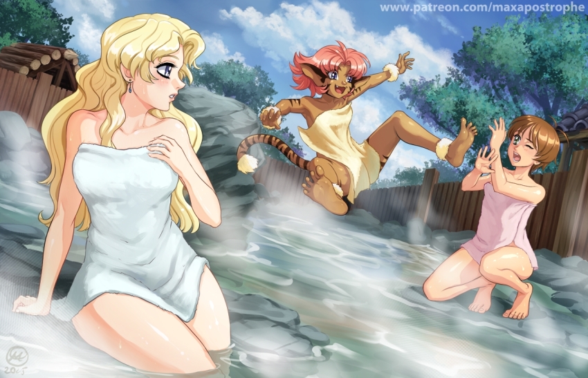3girls, arm_support, barefoot, blonde_hair, blush, body_markings, brown_hair, commission, convenient_censoring, dark-skinned_female, dark_skin, day, dutch_angle, earrings, facial_mark, fang, hand_on_own_chest, jewelry, jumping, kanzaki_hitomi, leaning_to_the_side, long_hair, looking_at_another, making-of_available, maxa', medium_hair, merle_(tenkuu_no_escaflowne), millerna_aston, multiple_girls, naked_towel, one_eye_closed, open_mouth, outdoors, paid_reward_available, parted_lips, pink_hair, pointy_ears, purple_eyes, short_hair, sitting, slit_pupils, smile, soles, squatting, steam, tail, tenkuu_no_escaflowne, toes, towel, very_long_hair, water, watermark, web_address, wet