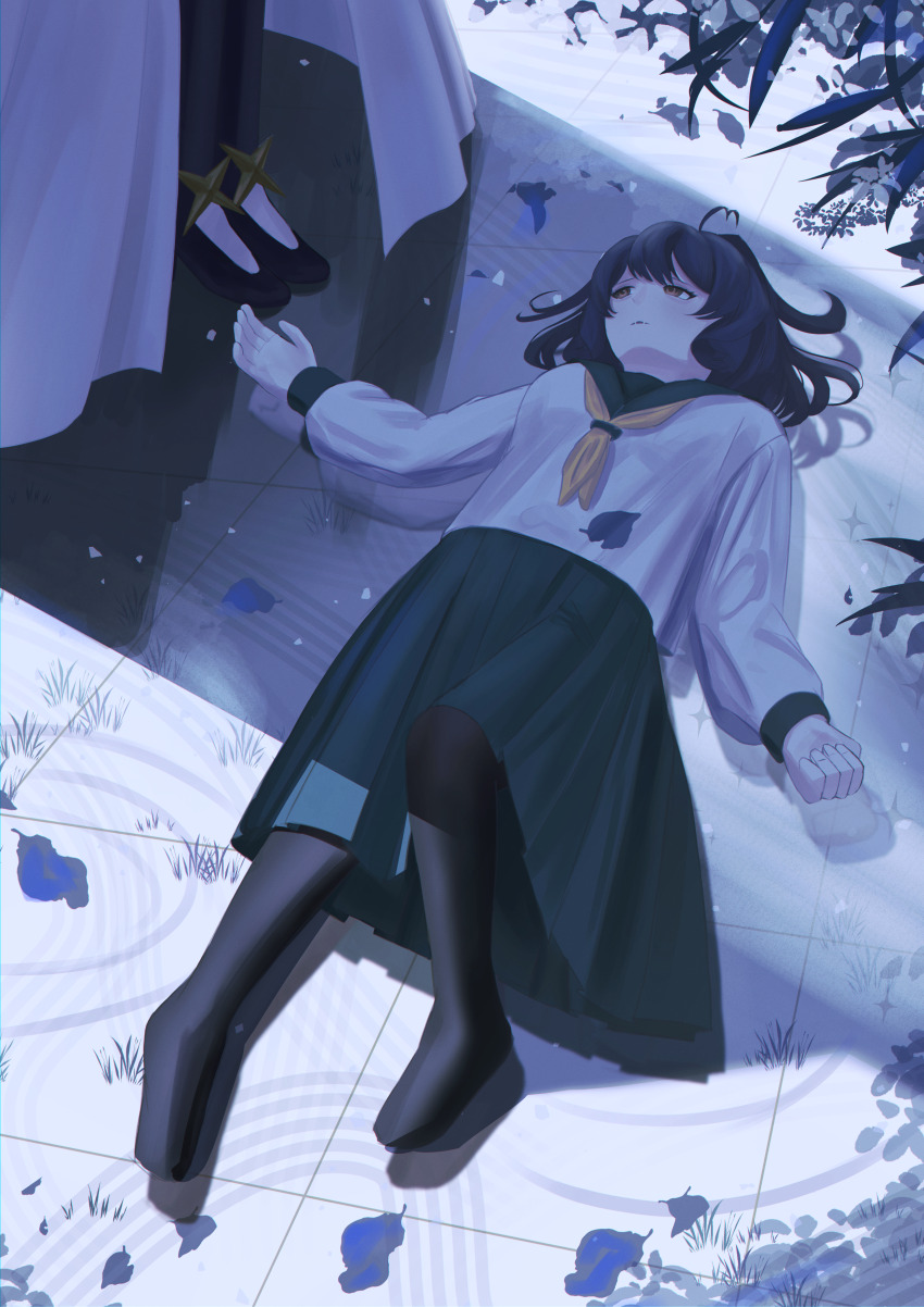 2girls, absurdres, ahoge, black_hair, black_pantyhose, cape, dual_persona, fangs