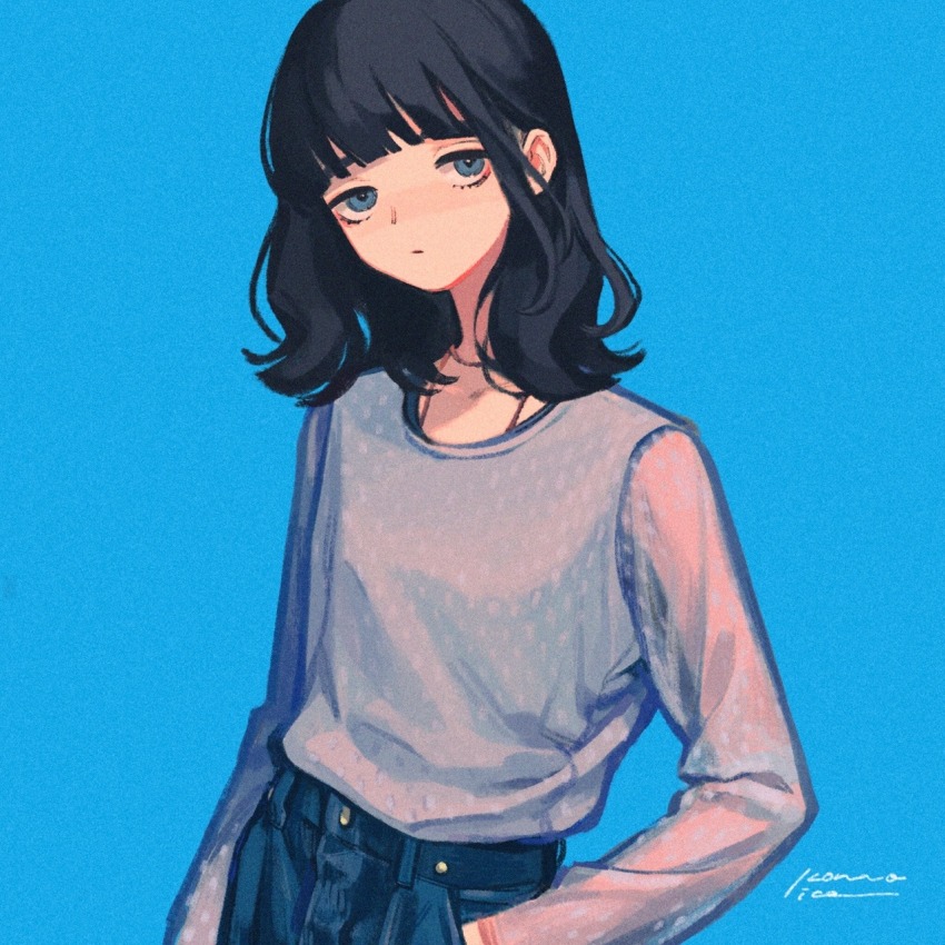 1girl, black_hair, blue_background, blue_eyes, denim, highres, konnoita, looking_at_viewer