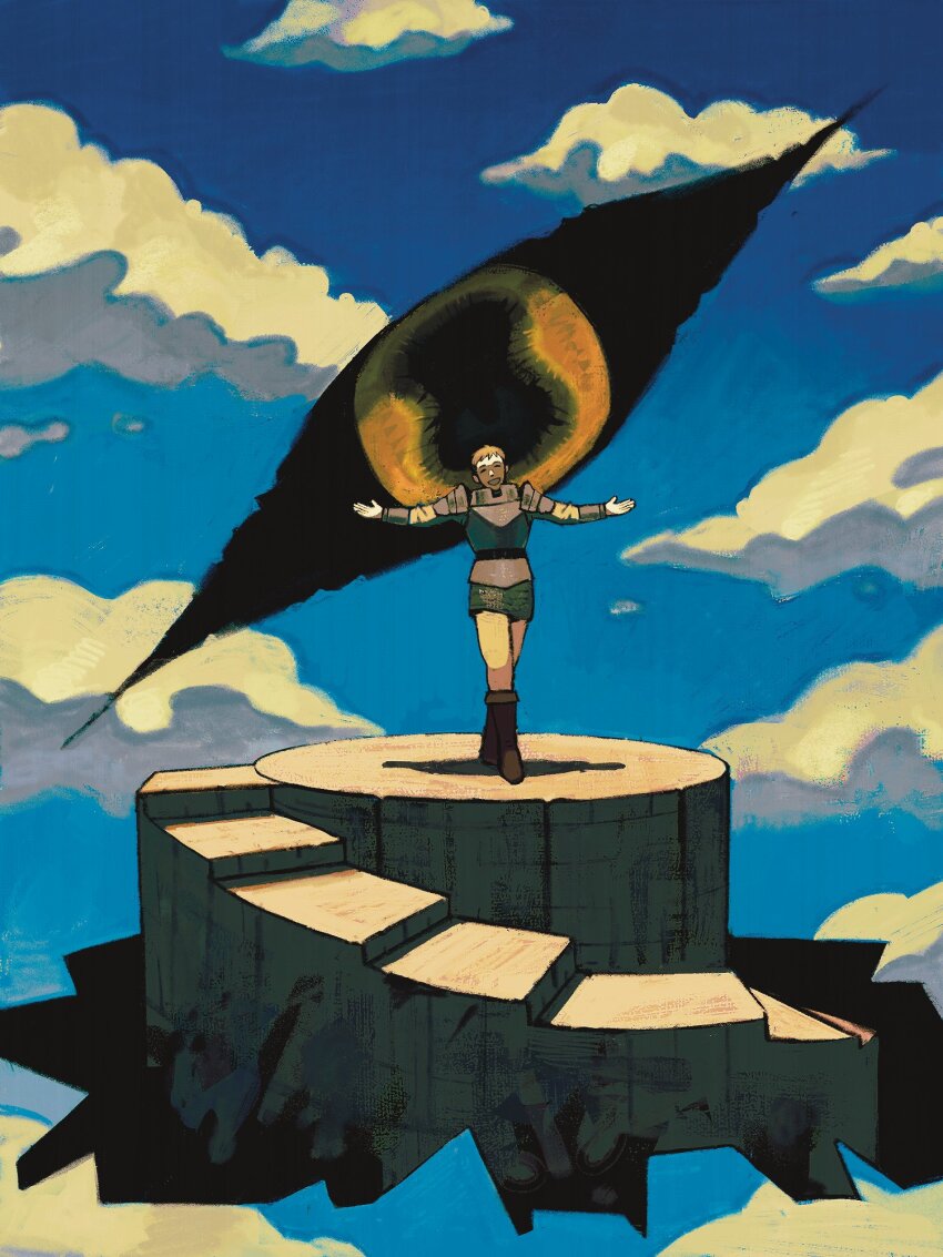 1boy, armor, blonde_hair, bowing, closed_eyes, cloud, cloudy_sky, dungeon_meshi