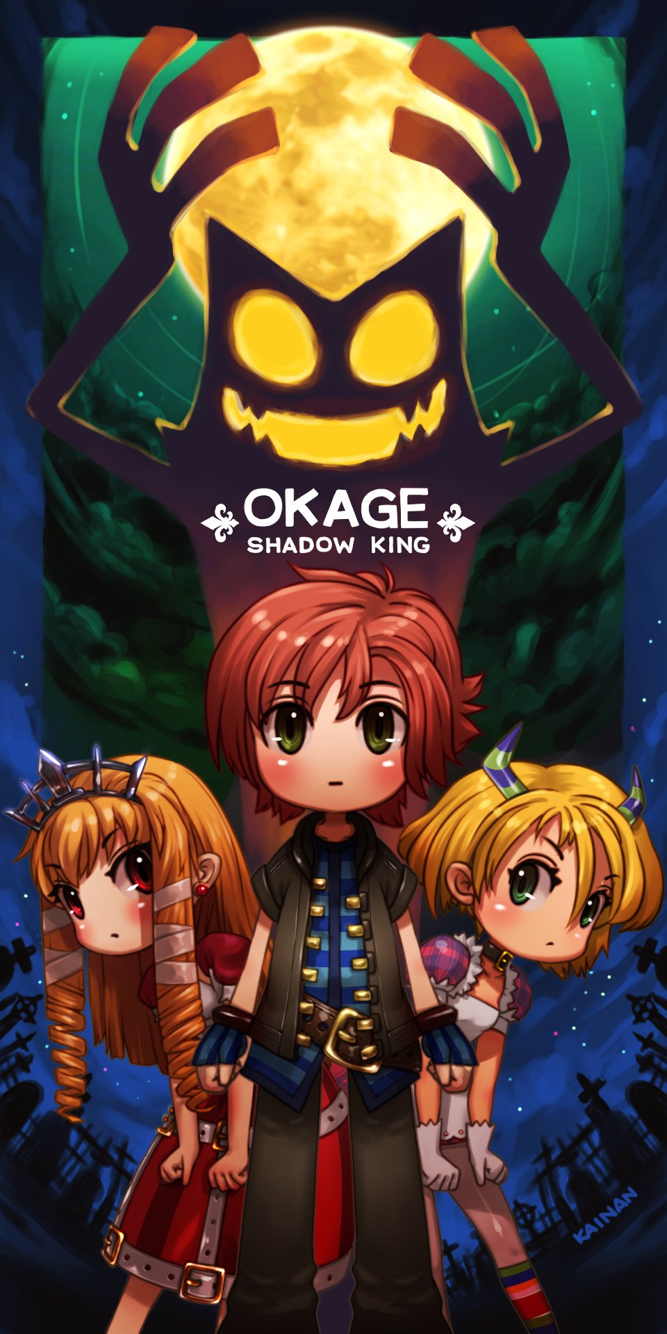 1boy, 2girls, apron, arms_up, artist_name, black_jacket, black_pants, blonde_hair