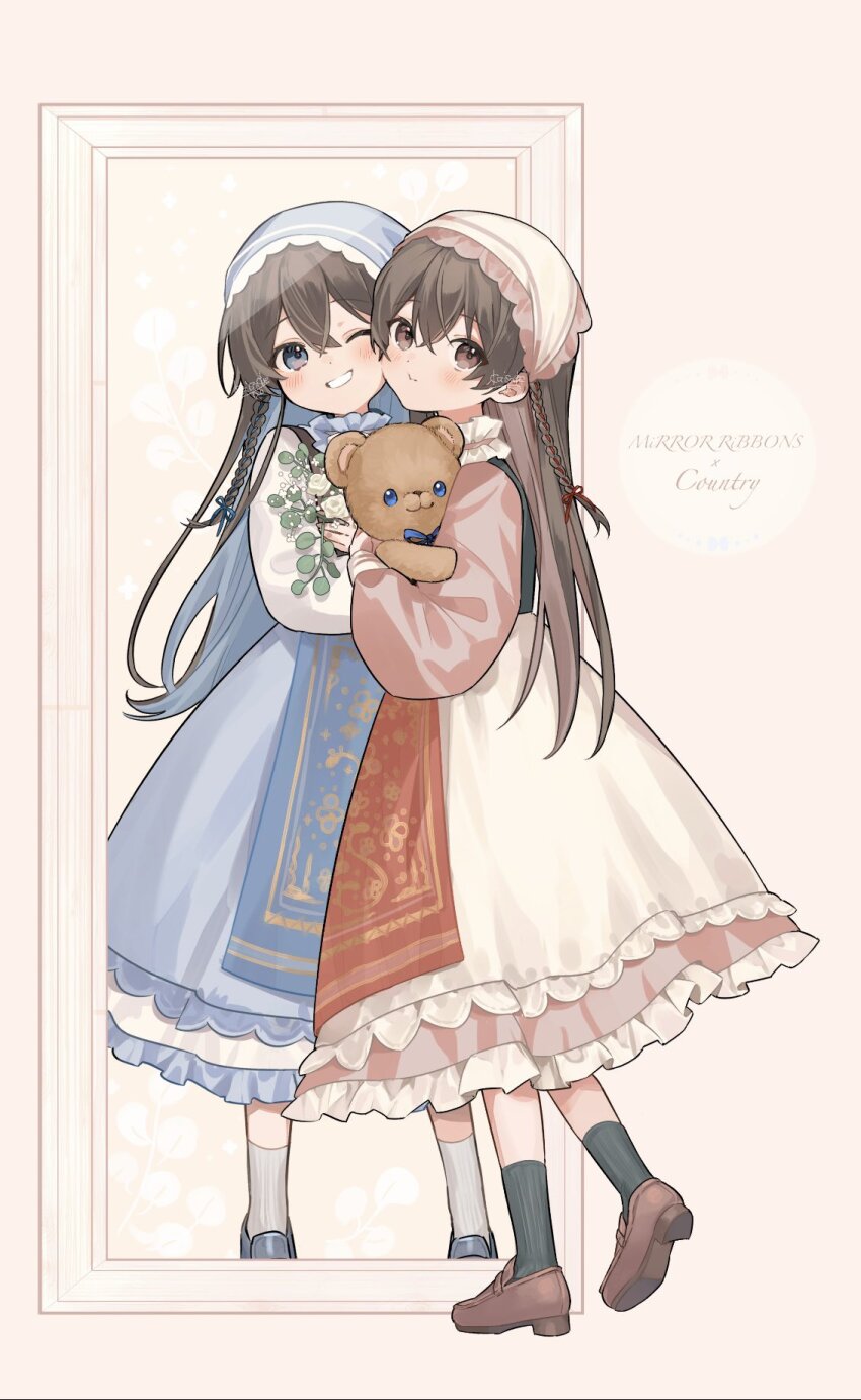 2girls, ankle_socks, black_socks, blue_dress, blue_hair, blue_ribbon, blush, braid