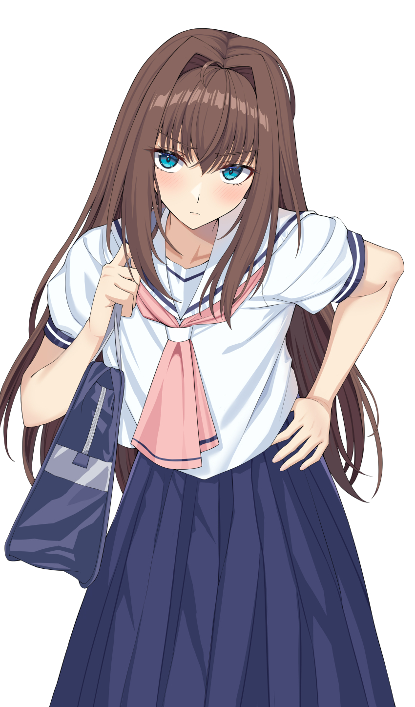 1girl, absurdres, aozaki_aoko, aqua_eyes, backpack, bag, blue_skirt, blush