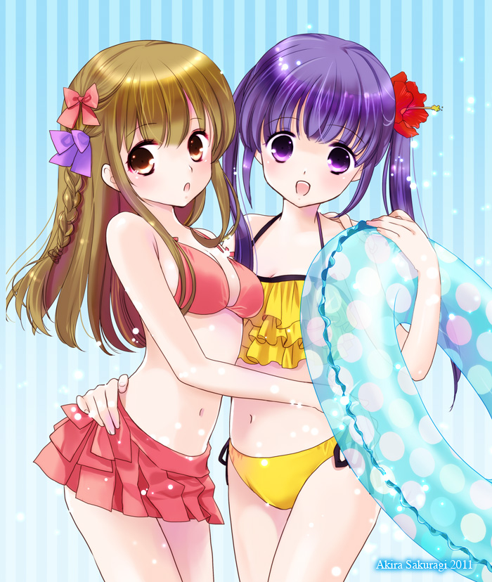 2girls, :o, bare_arms, bikini, bikini_skirt, blue_background, braid, brown_eyes