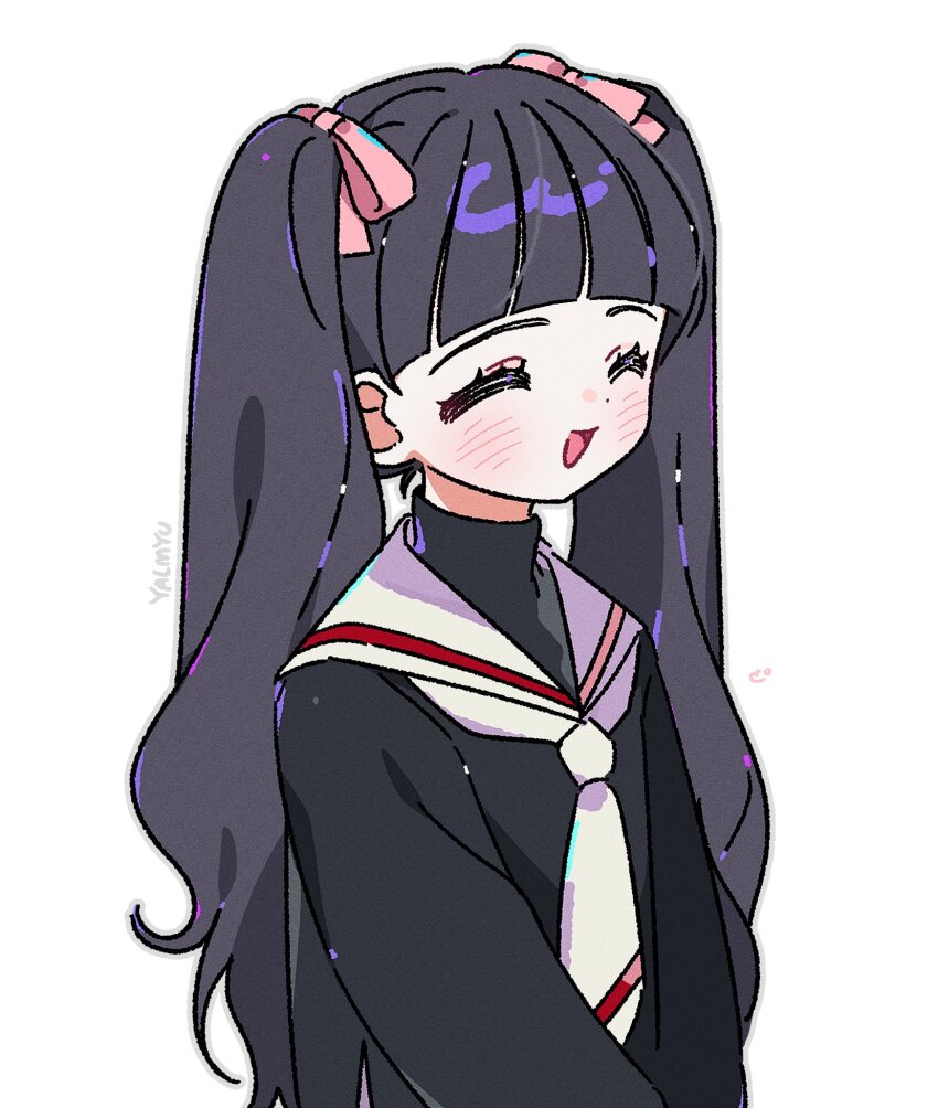 1girl, :d, ^_^, artist_name, black_hair, black_shirt, blunt_bangs, blush, cardcaptor_sakura, closed_eyes, commentary, daidouji_tomoyo, grey_outline, hair_ribbon, highres, long_hair, long_sleeves, necktie, open_mouth, outline, pink_ribbon, ribbon, sailor_collar, school_uniform, serafuku, shirt, simple_background, smile, solo, untranslatable_commentary, turtleneck, turtleneck_shirt, twintails, upper_body, white_background, white_necktie, white_sailor_collar, yalmyu