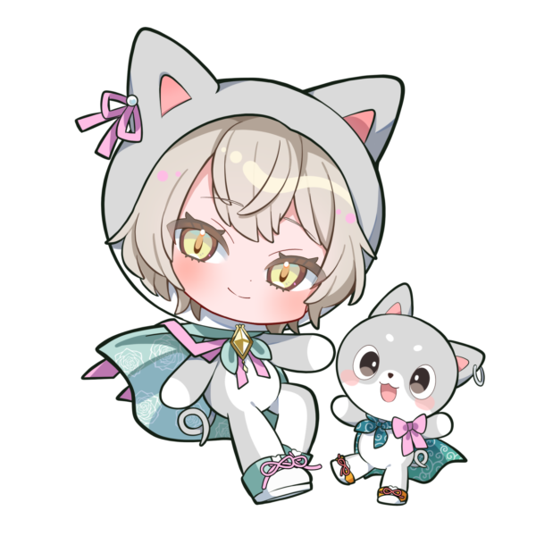 2boys, :3, animal_ear_hood, blonde_hair, blush, bond_en, bondlive, bow, cape, chibi, closed_mouth, dot_nose, fake_animal_ears, green_cape, green_shoes, hood, ibaraki_natou, lio_fushimi, looking_at_viewer, male_focus, multiple_boys, one-chi, onesie, orange_shoes, pink_bow, shoes, simple_background, smile, transparent_background, virtual_youtuber, yellow_eyes