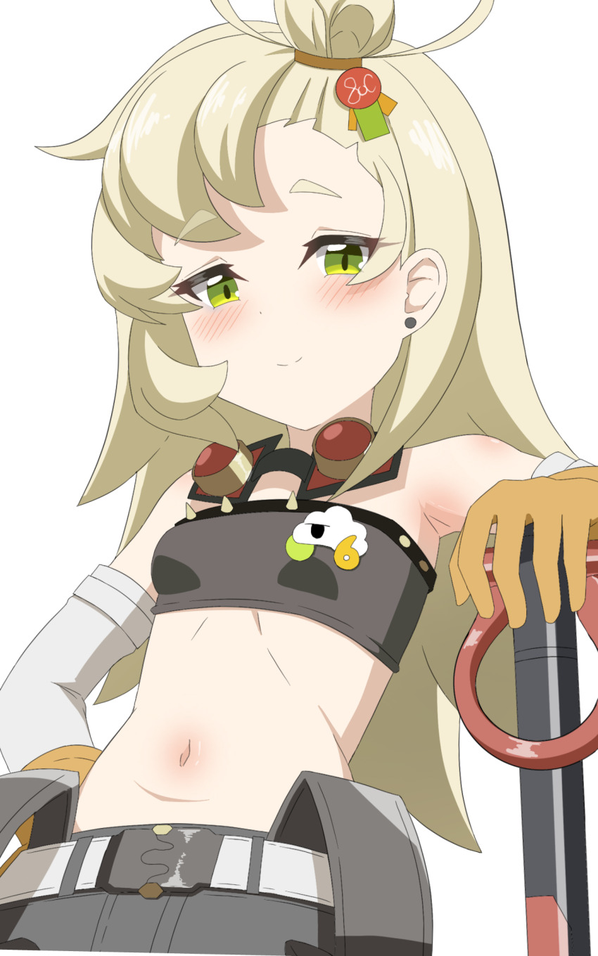 1girl, belt, black_shorts, blonde_hair, brown_gloves, closed_mouth, crop_top, gloves