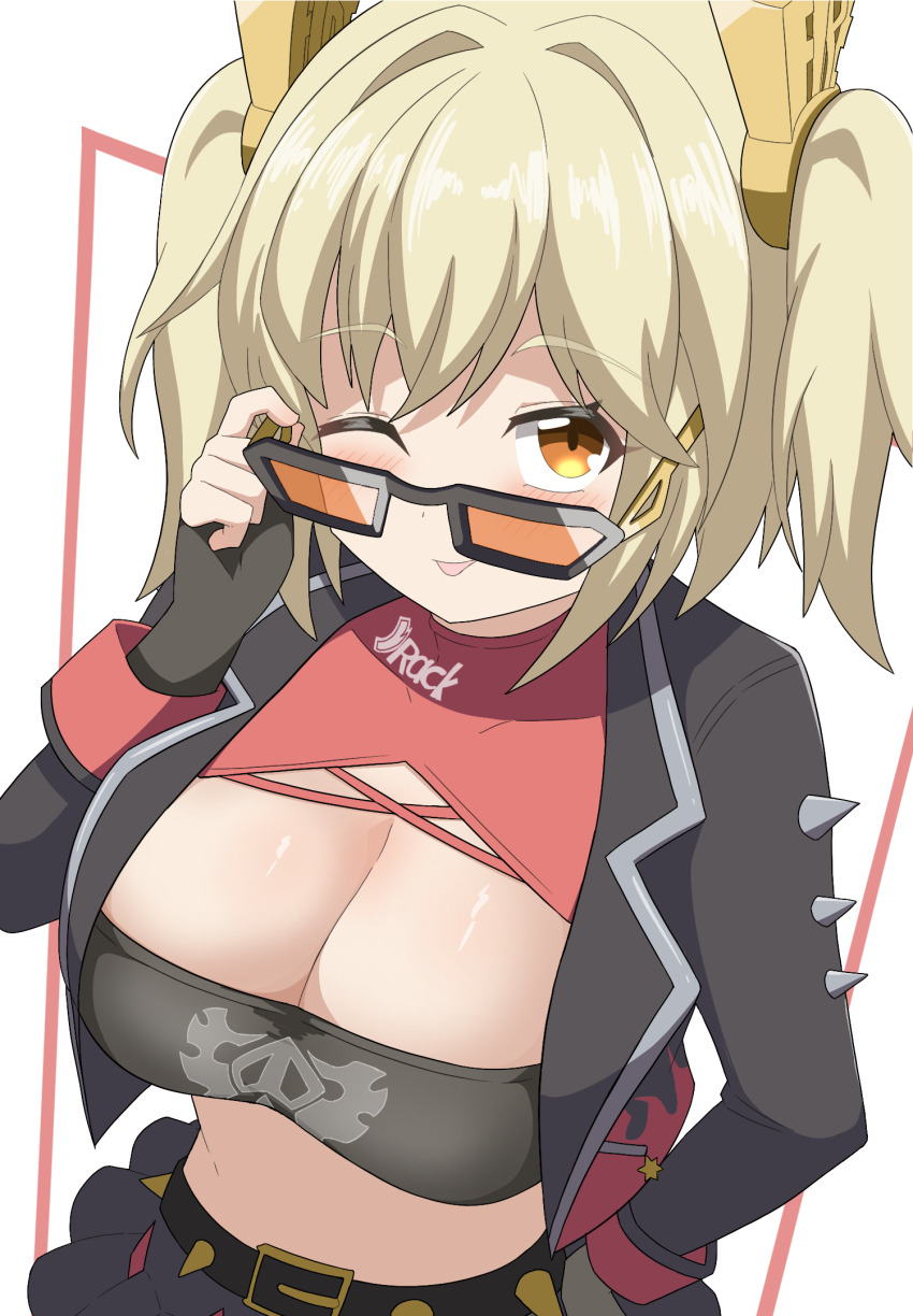 1girl, black_gloves, black_jacket, black_shirt, blonde_hair, breasts, burnice_white, cleavage