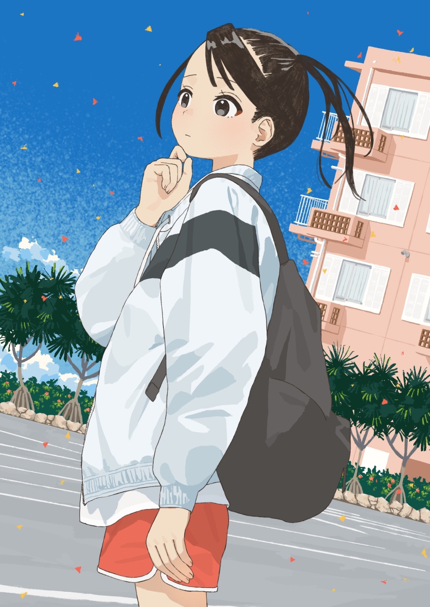 1girl, absurdres, backpack, bag, black_bag, black_eyes, black_hair, blue_sky