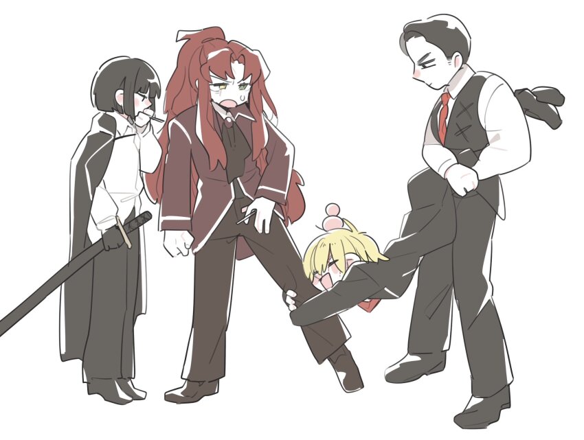 1boy, 3girls, :d, ascot, black_ascot, black_hair, black_vest, blonde_hair