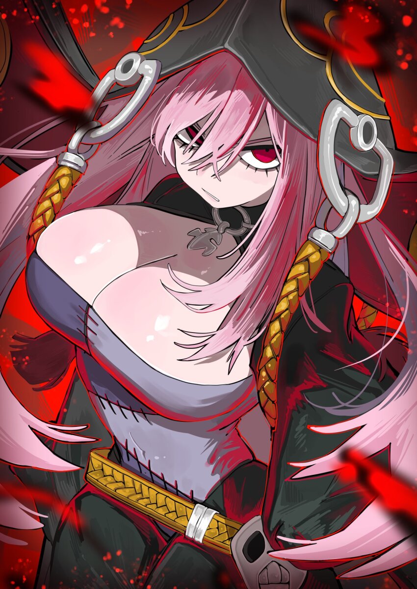 1girl, angry, belt, black_hood, black_nails, braided_belt, breasts, cleavage