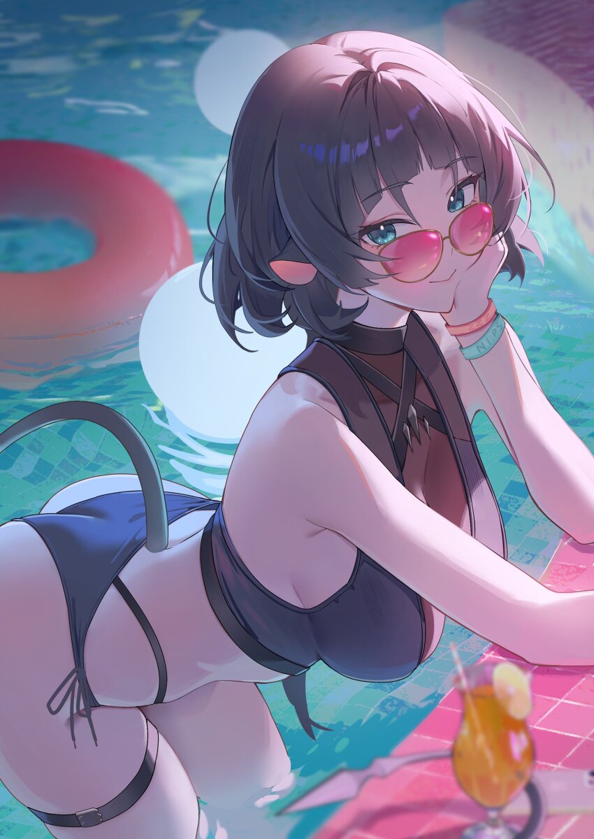 1girl, absurdres, animal_ears, ass, belt, bent_over, bikini, black_belt, black_bikini, black_hair, breasts, chamaru5963, closed_mouth, commentary, cup, drinking_glass, elbow_rest, green_eyes, hand_on_own_cheek, hand_on_own_face, head_rest, highleg, highleg_bikini, highres, hurricane_glass, innertube, jane_doe_(zenless_zone_zero), large_breasts, layered_bikini, looking_at_viewer, looking_over_eyewear, mouse_ears, mouse_girl, mouse_tail, pink-tinted_eyewear, pool, poolside, sharp_tail, side-tie_bikini_bottom, smile, solo, sunglasses, swim_ring, swimsuit, tail, thigh_belt, thigh_strap, tinted_eyewear, tropical_drink, water, zenless_zone_zero