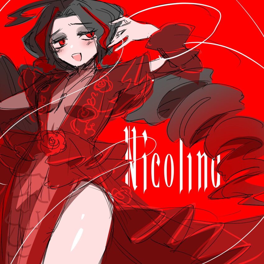 1girl, :d, aegyo_sal, arm_up, black_hair, breasts, cleavage, dress