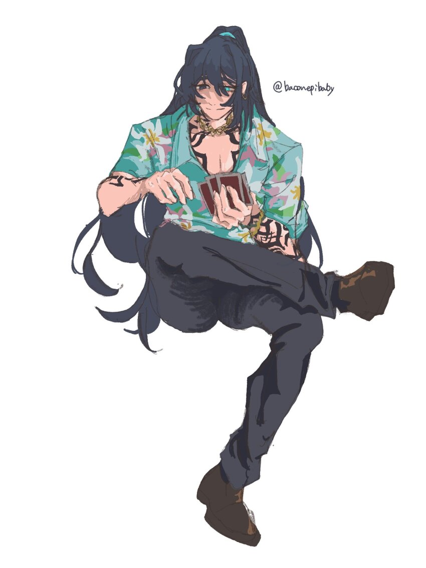 1boy, arm_up, baconepibaby, black_eyes, black_hair, blue_eyes, brown_shoes, card