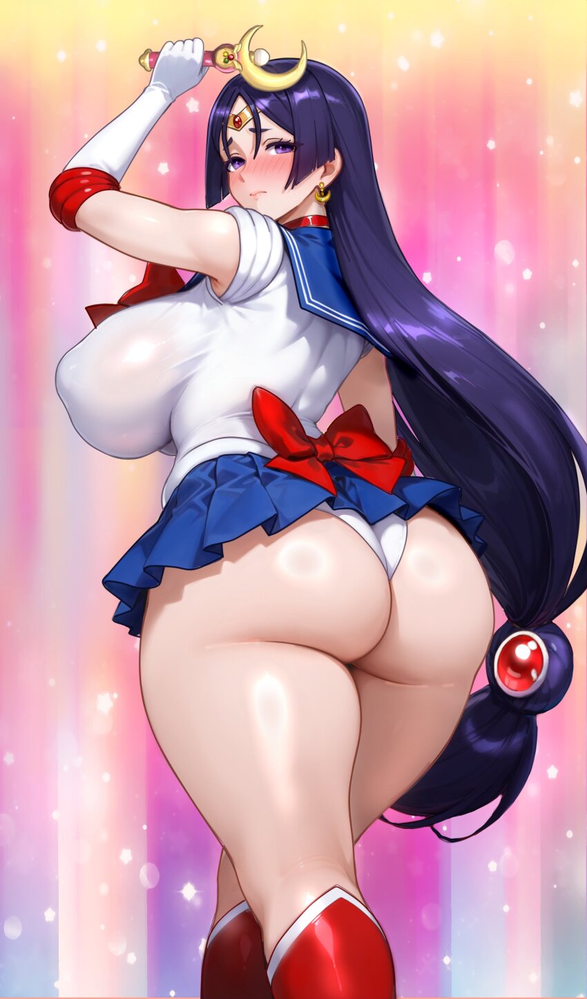 1girl, absurdres, arm_up, ass, back, bishoujo_senshi_sailor_moon, blue_sailor_collar, blue_skirt, blush, boots, bow, breasts, choker, circlet, commentary, cosplay, crescent, crescent_earrings, earrings, elbow_gloves, english_commentary, fate/grand_order, fate_(series), gloves, highres, holding, holding_wand, huge_breasts, jewelry, knee_boots, long_hair, looking_at_viewer, looking_back, magical_girl, microskirt, minamoto_no_raikou_(fate), moon_stick_(sailor_moon), panties, parted_bangs, purple_eyes, purple_hair, raskasar, red_boots, ring_light_reflection, sailor_collar, sailor_moon, sailor_moon_(cosplay), sailor_senshi_uniform, shirt, short_sleeves, skirt, solo, thick_thighs, thighs, underwear, very_long_hair, wand, white_gloves, white_panties, white_shirt, wide_hips