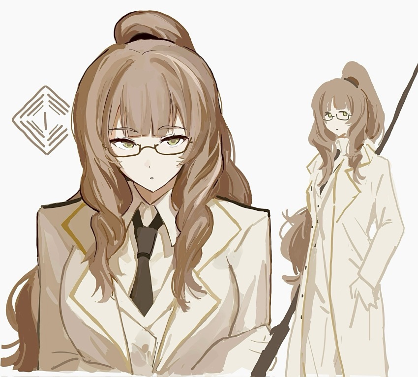 1girl, black_necktie, brown_hair, coat, collared_shirt, commentary_request, glasses, gold_trim