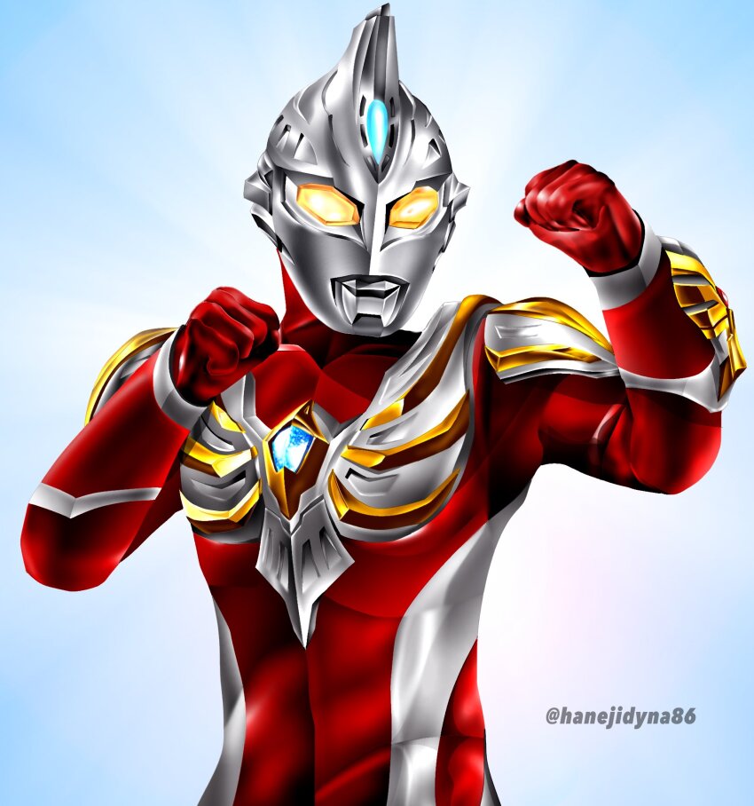 1boy, alien, arm_guards, armor, blue_background, blue_gem, breastplate, clenched_hands