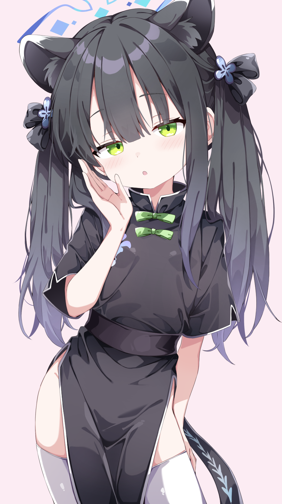 1girl, animal_ear_fluff, animal_ears, black_dress, black_hair, blue_archive, blue_halo, cat_ears