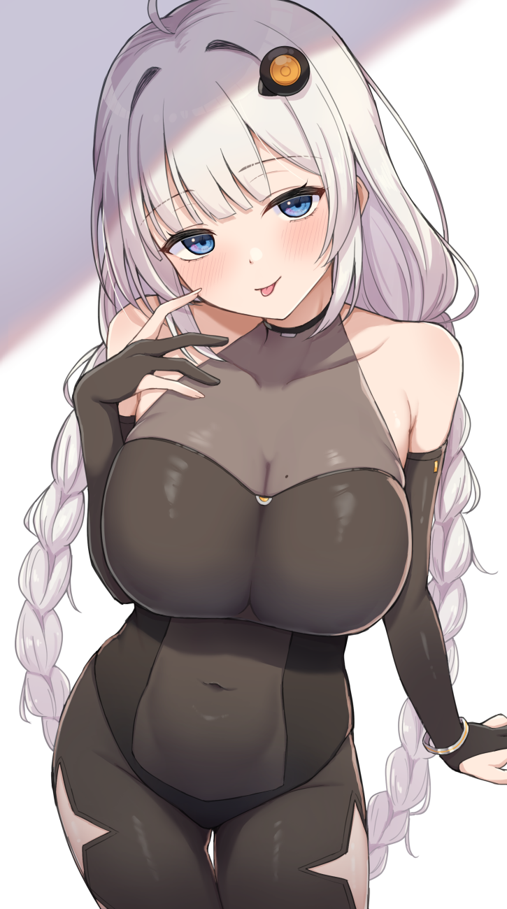 1girl, ahoge, bare_shoulders, blue_eyes, blush, bodysuit, braid, breasts, hair_ornament, highres, kizuna_akari, kizuna_akari_(vocaloid6), large_breasts, long_hair, looking_at_viewer, low_twin_braids, shun_(b.c), smile, solo, tongue, tongue_out, twin_braids, voiceroid, white_hair