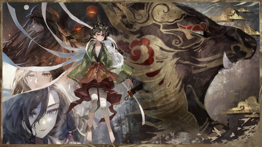 4girls, absurdres, ankle_bell, bandaged_leg, bandages, barefoot, black_hair, black_hat