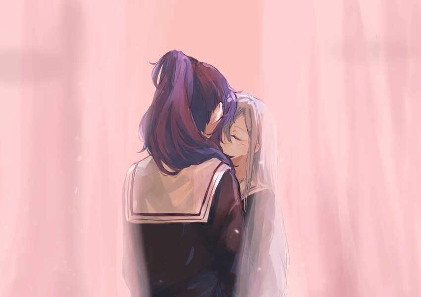 2girls, asahina_mafuyu, black_shirt, blush, closed_eyes, curtains, grey_hair, highres, implied_kiss, l9525, long_hair, long_sleeves, multiple_girls, ponytail, project_sekai, purple_hair, sailor_collar, school_uniform, shirt, white_sailor_collar, yoisaki_kanade, yuri