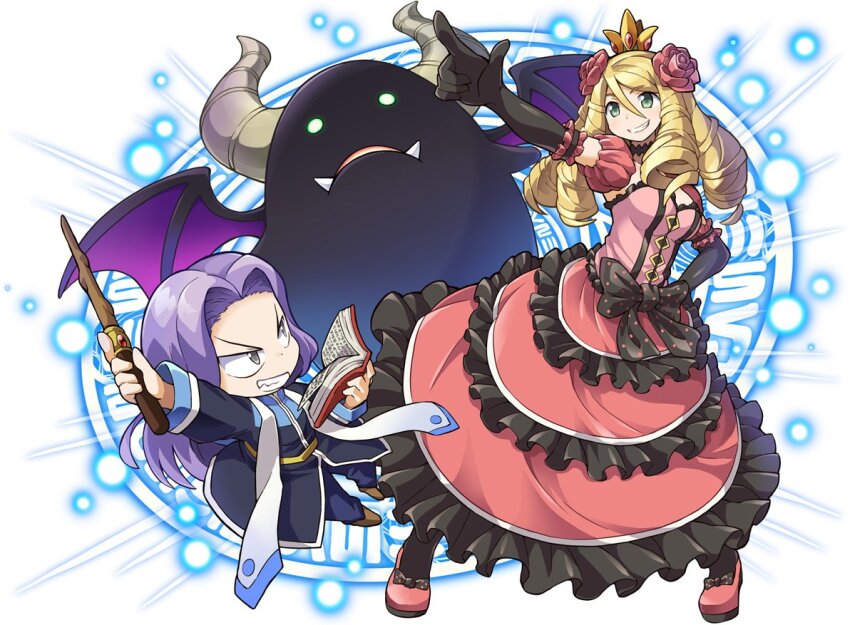 1boy, 1girl, anne_punt_quettebuss, artist_request, bat_wings, belt, black_bow, black_choker