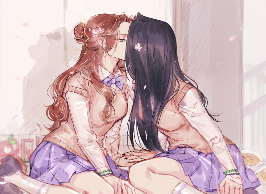 2girls, absurdres, anssel3, black_hair, black_nails, blush, bow, bowtie