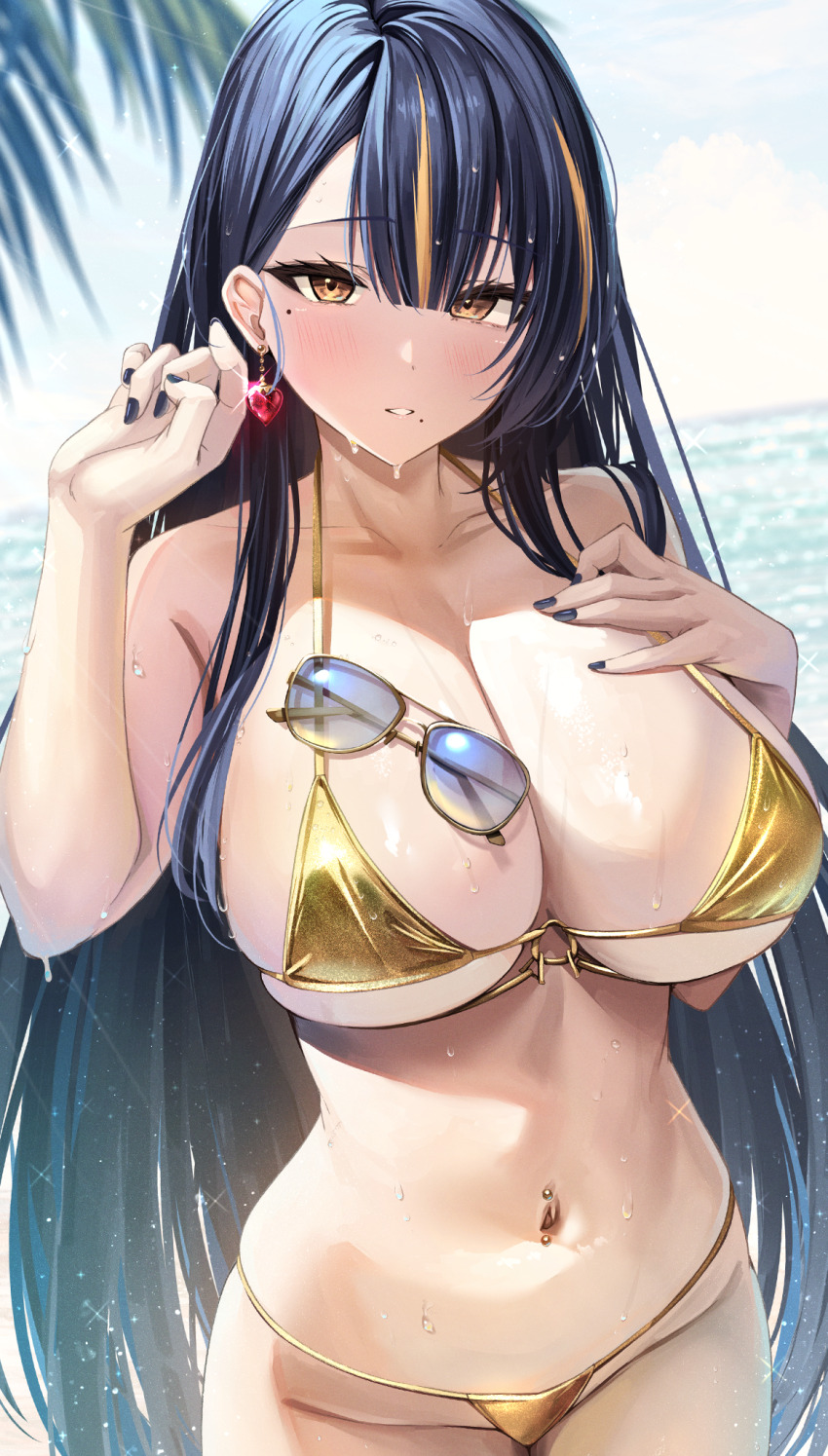 1girl, azur_lane, bikini, black_hair, black_nails, blush, breasts, earrings