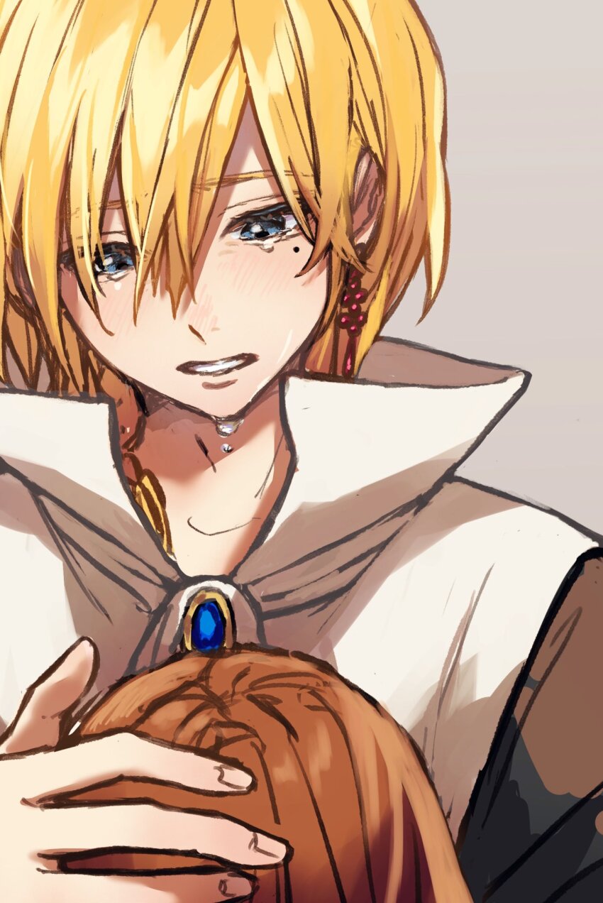 1boy, 1girl, blonde_hair, blue_eyes, brown_hair, child, commentary_request, crying