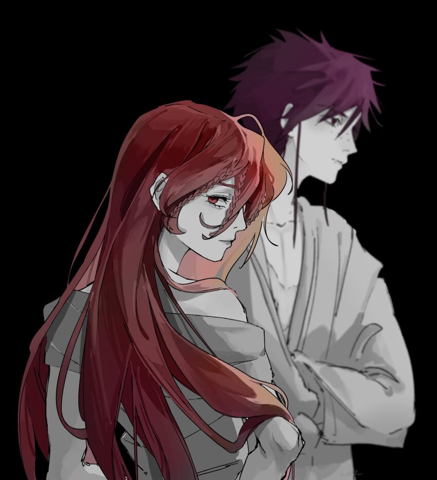 2boys, androgynous, black_background, braid, brothers, chinese_clothes, crossed_arms, freckles