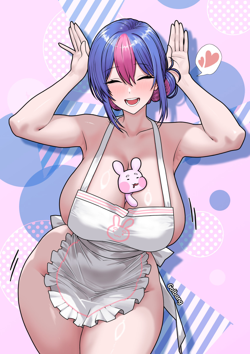 1girl, absurdres, apron, artist_name, bing_hayu, blue_hair, blush, breasts