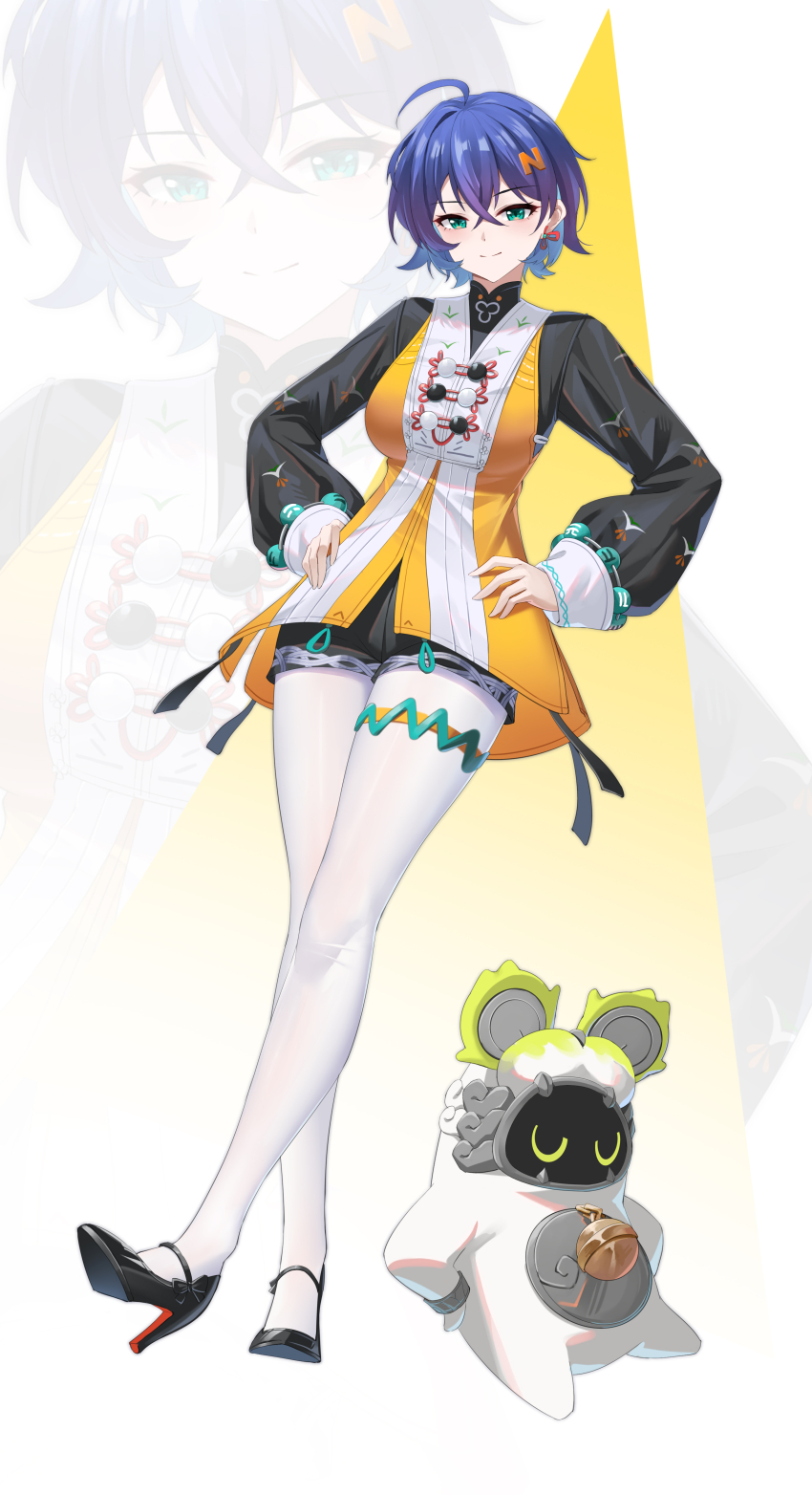 1girl, absurdres, ahoge, bangboo_(zenless_zone_zero), belion_(zenless_zone_zero), belle_(delicate_sunlight)_(zenless_zone_zero), belle_(zenless_zone_zero), black_dress