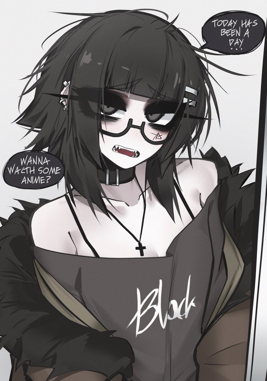 1girl, ace_glitch, bare_shoulders, black_coat, black_collar, black_eyes, black_eyeshadow, black_hair