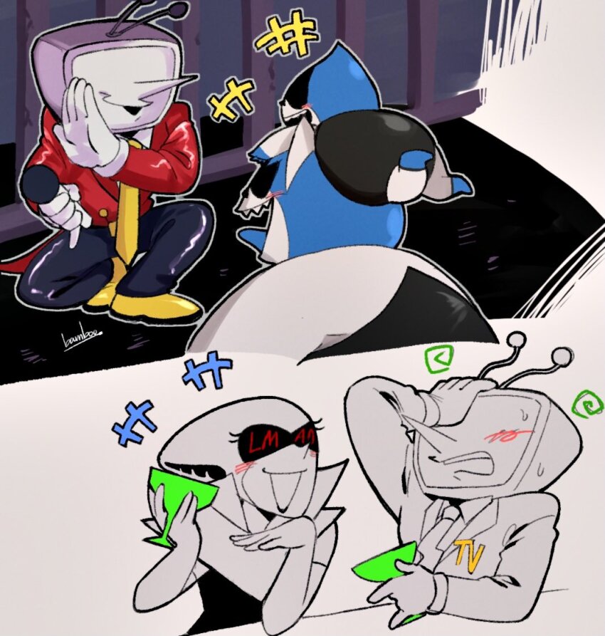 +++, 1girl, 3boys, ant_tenna, bamboo_617, black_pants, blue_boots, blue_tongue, blush, boots, collared_shirt, colored_tongue, commentary_request, cup, deltarune, drinking_glass, holding, holding_cup, holding_microphone, king_(deltarune), lancer_(deltarune), microphone, multiple_boys, necktie, object_head, on_head, open_mouth, pants, pointy_nose, queen_(deltarune), sharp_teeth, shirt, shoes, smile, tailcoat, teeth, utdr_(toby_fox), white_shirt, yellow_necktie, yellow_shoes