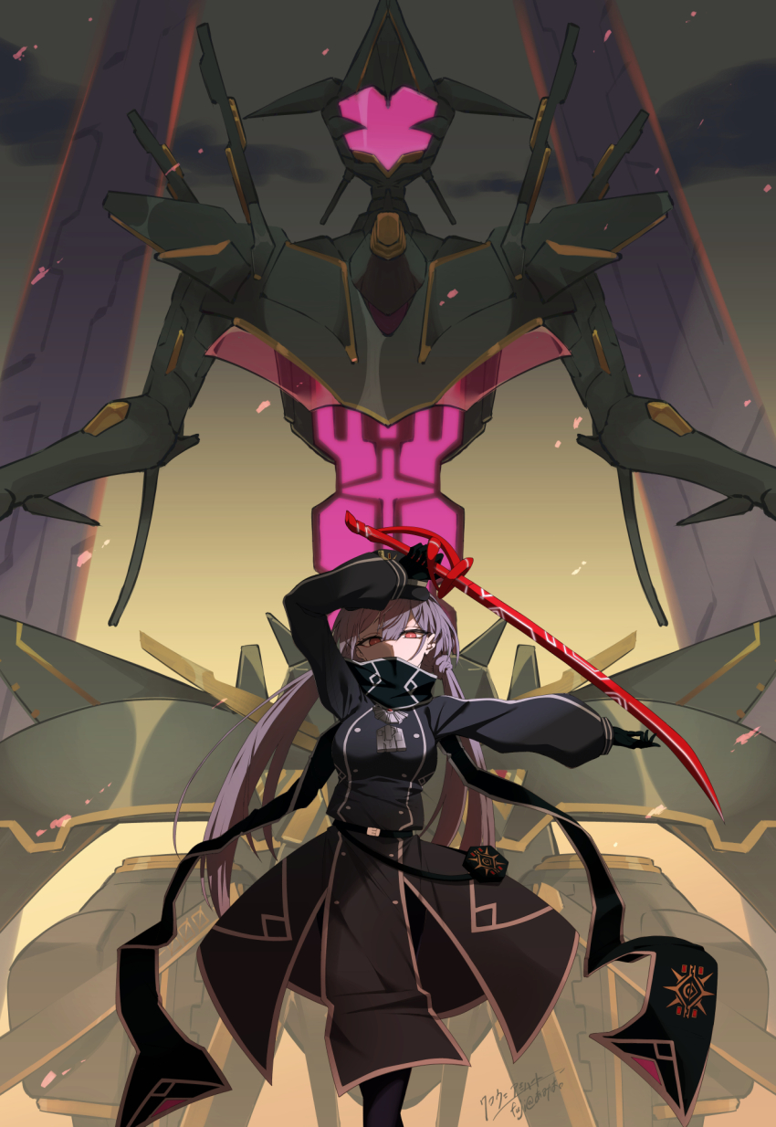 1girl, cloud, crow_amiheart, duel_monster, grey_hair, highres, holding, holding_sword, holding_weapon, mecha, military_uniform, red_eyes, robot, sky_striker_ace_-_roze, sky_striker_ace_-_zeke, sword, twintails, weapon, yu-gi-oh!