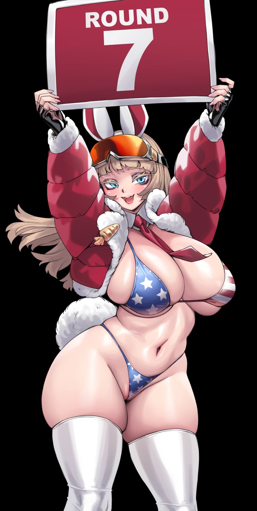 1girl, absurdres, animal_ears, arms_up, bikini, blonde_hair, blue_eyes, blush