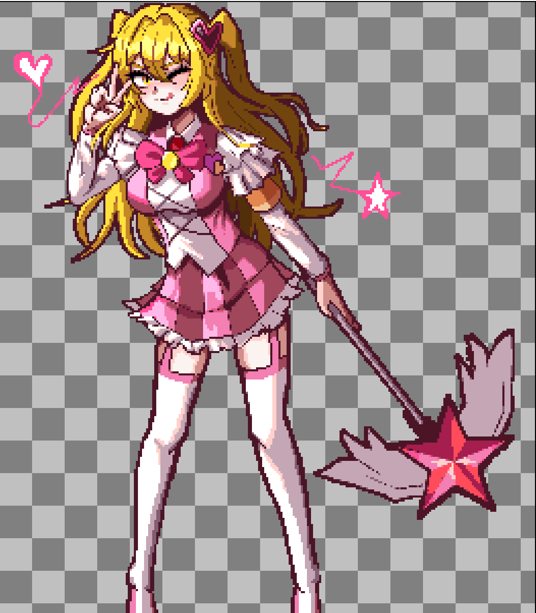 1girl, ;), arm_up, baeloe, blonde_hair, breasts, checkered_background, chest_bow