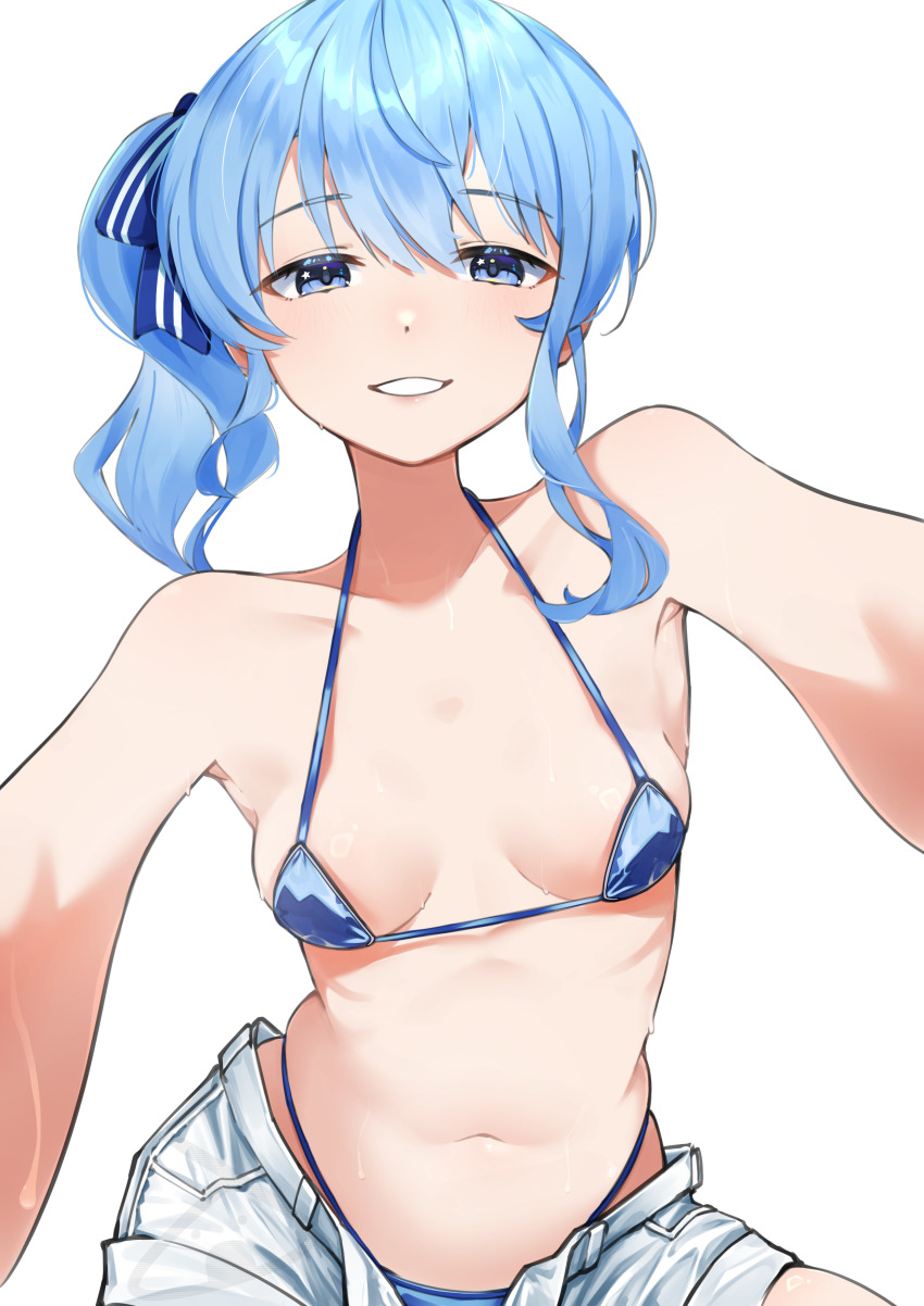 1girl, absurdres, bikini, blue_eyes, blue_hair, breasts, commentary, highres, hololive, hoshimachi_suisei, jape_(ja_pehhhh), medium_hair, micro_bikini, open_mouth, shorts, side_ponytail, simple_background, small_breasts, solo, stomach, swimsuit, virtual_youtuber, white_background, white_shorts