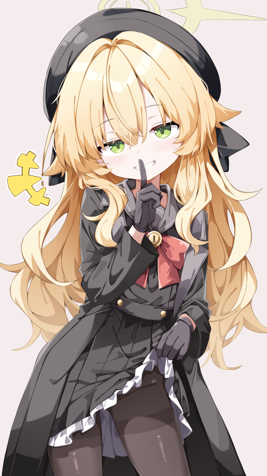 +++, 1girl, beret, black_coat, black_gloves, black_hat, black_pantyhose, black_shirt