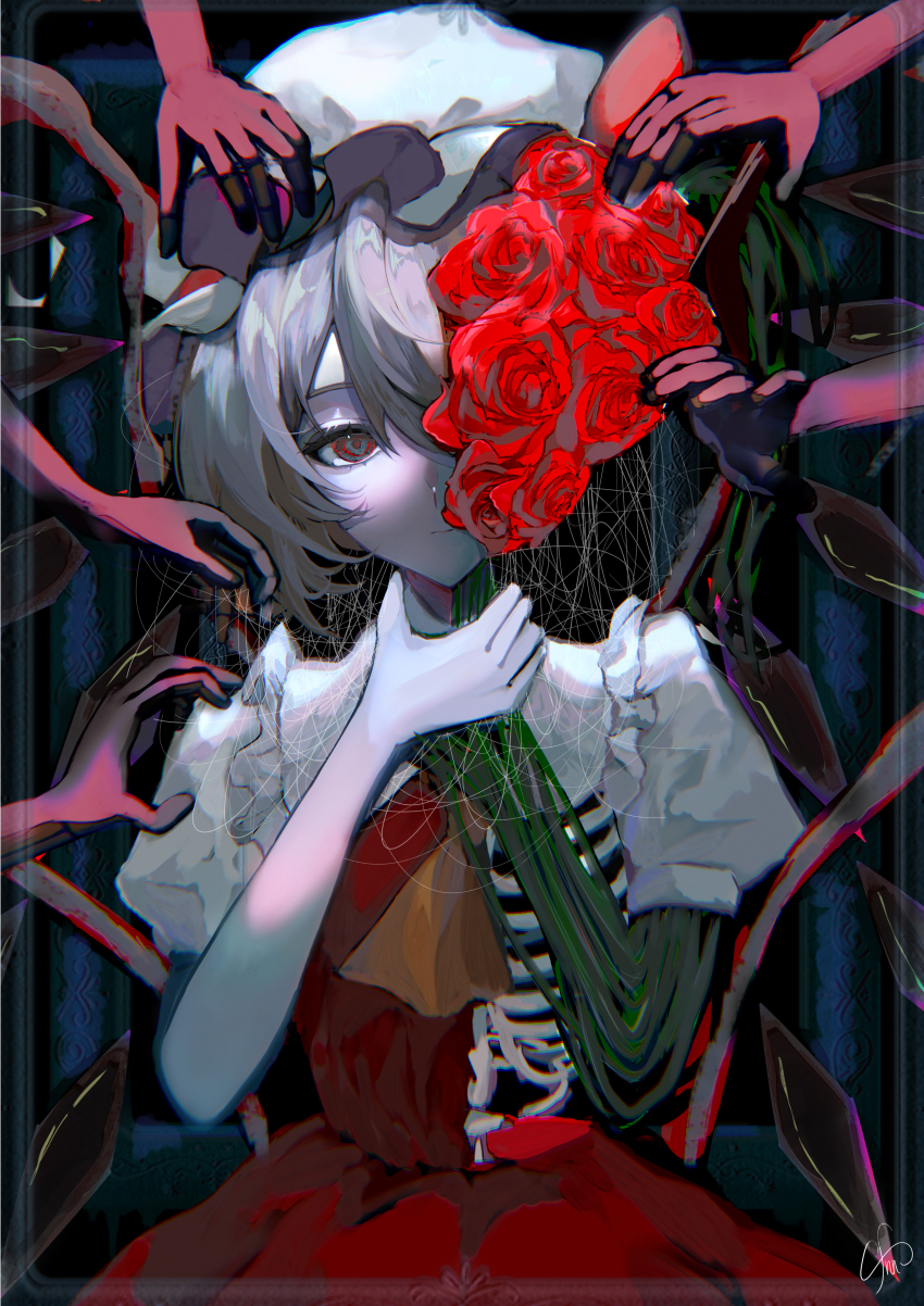 1girl, absurdres, blonde_hair, blood, crystal, crystal_wings, disembodied_hand, dress, flandre_scarlet, flower, frills, hat, hat_ribbon, highres, looking_at_viewer, mob_cap, pale_skin, red_eyes, red_flower, red_rose, ribbon, ribs, rose, sfnnezl_0u0, short_hair, short_sleeves, side_ponytail, solo, thorns, touhou, upper_body, wings